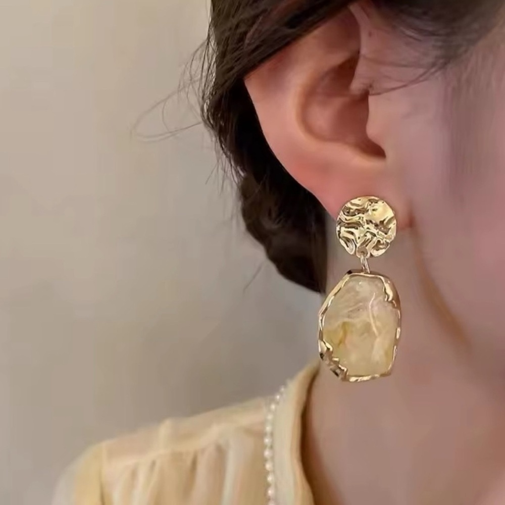 Statement Marble Drop Earrings Gold White Chunky New